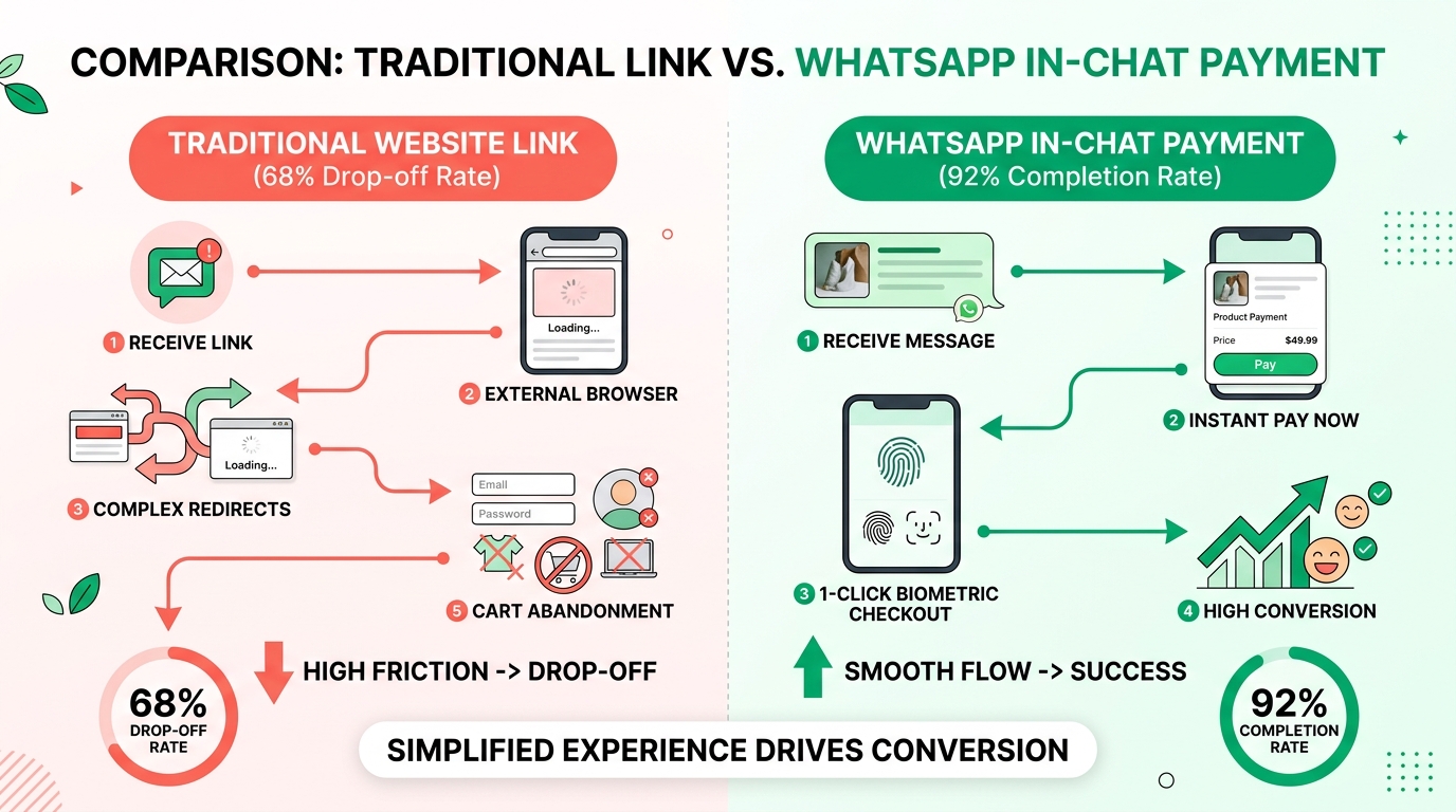 Comparison: Traditional Website Link vs WhatsApp In-Chat Payment
