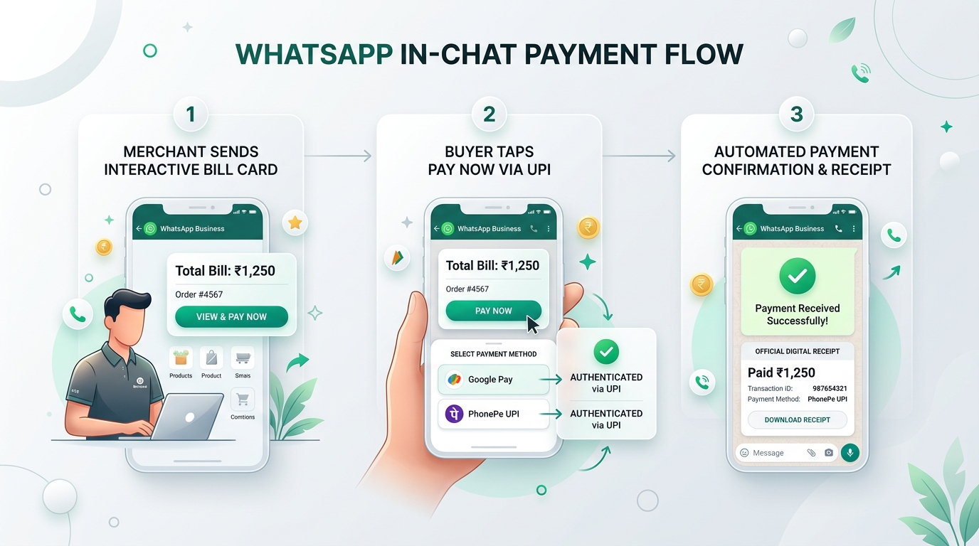WhatsApp In-Chat Payment 3-Step Flow Diagram