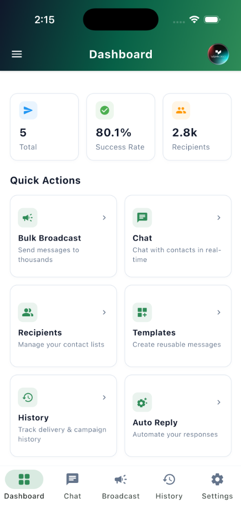 MassivSend Mobile Dashboard UI Screen