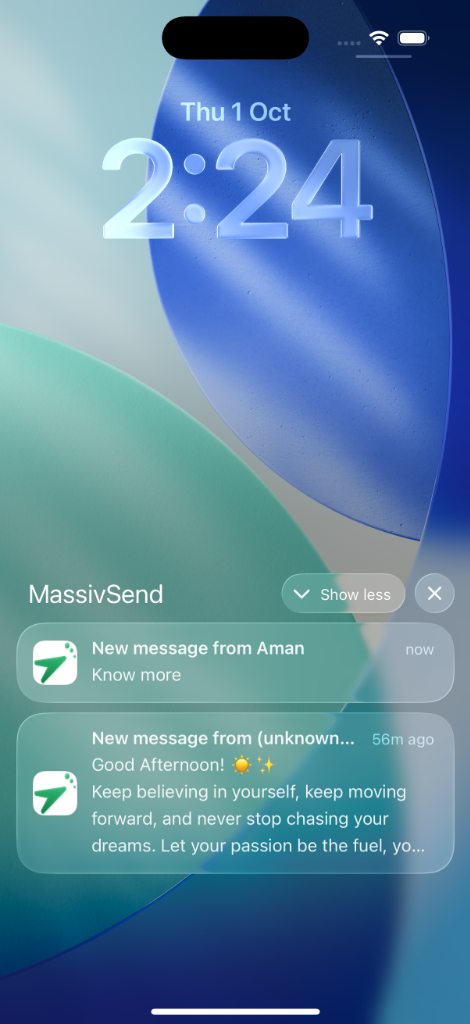 MassivSend Mobile App Real Lockscreen Push Notification Screenshot